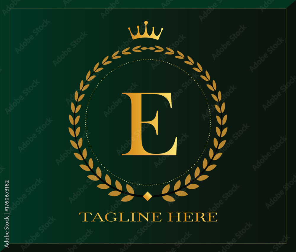 Fototapeta premium Vector art of elegant golden letter E logo with crown and laurel wreath on dark green background, suitable for luxury brands