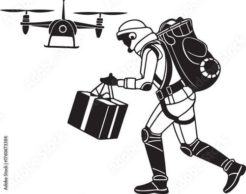 Vector silhouette of a robot Santa delivering presents with drones