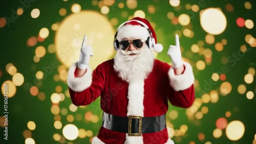 Cool Santa Claus DJing with Headphones and Sunglasses. A humorous and modern take on Santa Claus. He is wearing sunglasses and headphones, pretending to DJ with his arms spread wide. 