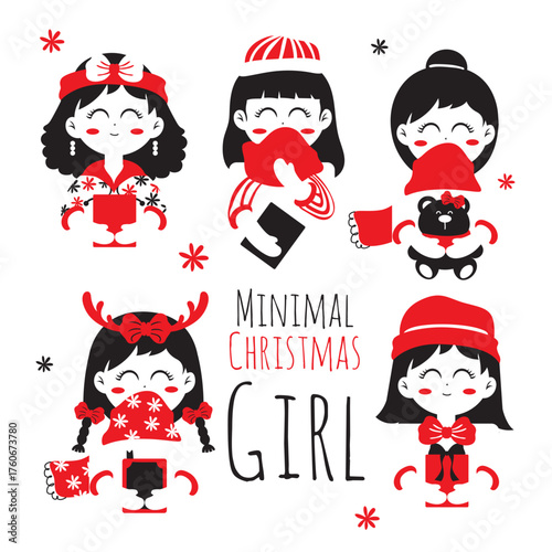 Minimal Christmas Girl: A collection of charming, minimalist Christmas illustrations featuring adorable girls with festive accessories, embodying the joyous spirit of the season. 