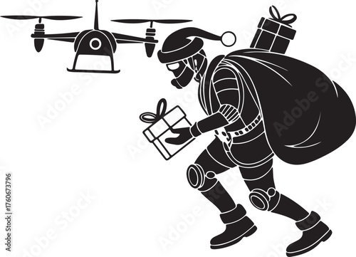Vector silhouette of a robot Santa delivering presents with drones