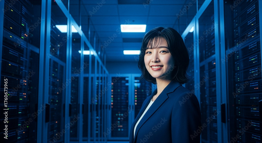 Fototapeta premium データセンターに立つ笑顔の若い女性サーバーエンジニア