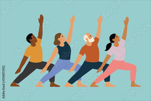 Diverse group of people practicing yoga in warrior pose, flat illustration