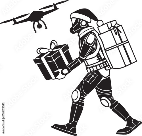 Vector silhouette of a robot Santa delivering presents with drones
