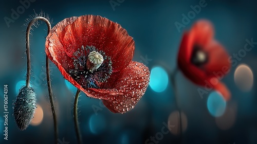 Ultra-detailed orange poppy king: dew-laced silky petals against deep-green blur, perfect for luxury print, essential-oil packaging or calendar cover