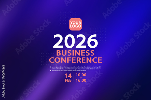 Futuristic vector background for a 2026 corporate conference. The elegant design with a deep purple gradient and glowing dot pattern is ideal for a tech event website or professional presentation.