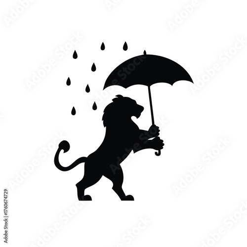 Lion holding umbrella in rain walking calmly with gentle grace Vector illustration