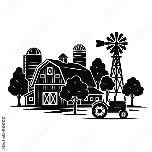 Farm scene with barn silo windmill and tractor vector