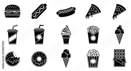 Fast food icons burger hot dog pizza drinks vector