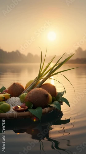 Traditional offering on a river at sunset, sunrise with fruits, coconuts, sugarcane, and diyas. 