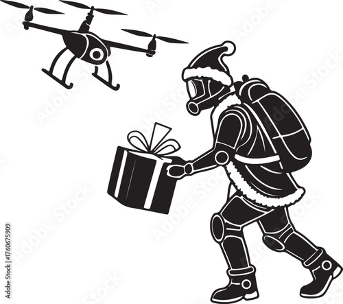 Vector silhouette of a robot Santa delivering presents with drones
