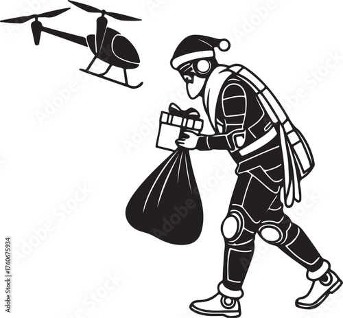 Vector silhouette of a robot Santa delivering presents with drones