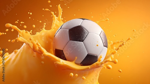 A classic soccer ball surrounded by an orange juice splash, the liquid's droplets flying in all directions made with Ai 2