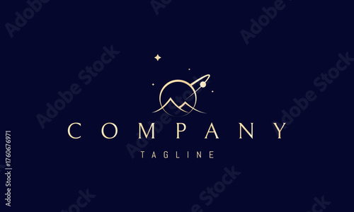 A vector golden logo featuring an abstract image: a cosmic landscape with mountains under stars and planets, symbolizing mystery and infinity.