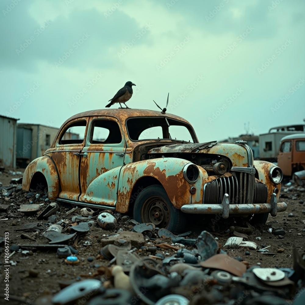 Fototapeta premium Ruins retro old car scene