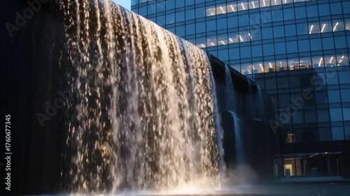 waterfall cascading down modern office building creates dynamic, calming urban oasis for relaxation and inspiration