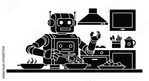 Robot cooking in a kitchen food appliances