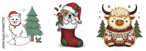 Festive holiday collection featuring santa claus christmas stocking and highland cow