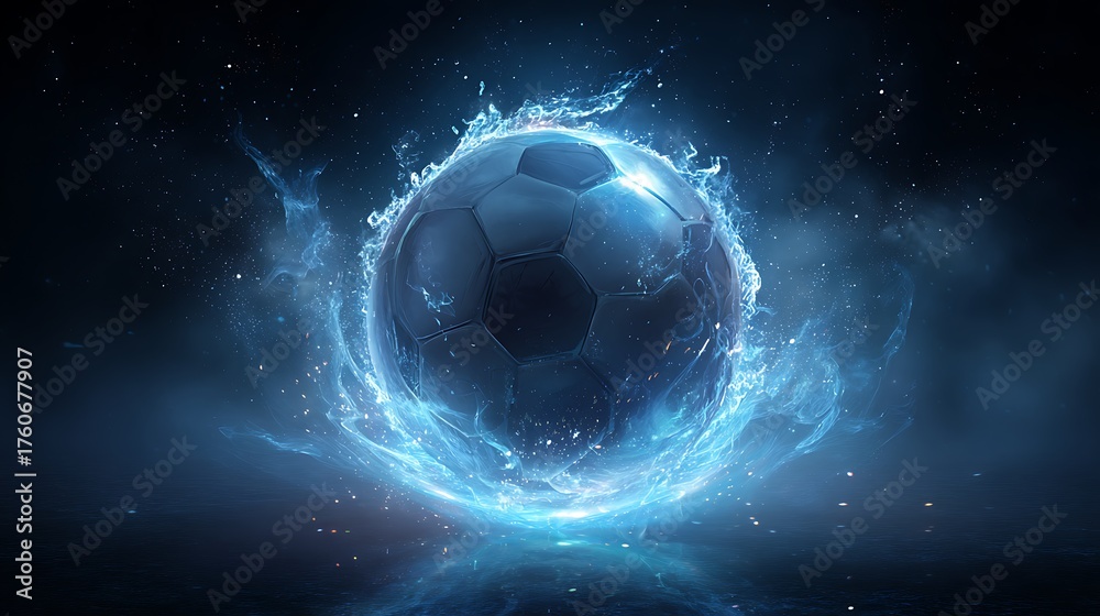 Naklejka premium A sleek, futuristic soccer ball surrounded by a glowing, electric blue splash, set against a deep space-like background made with Ai