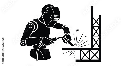 Robot welder working on metal structure welding sparks