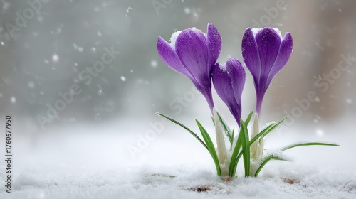 Fototapeta Naklejka Na Ścianę i Meble -  Purple crocuses bloom in gentle snowfall on a winter day.