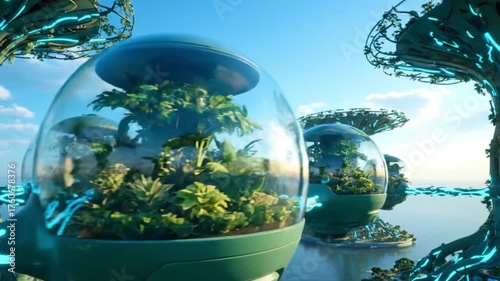 through a futuristic eco city with bioluminescent trees, where nature and technology blend in a harmonious utopia