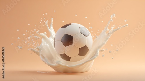 A soccer ball in mid-air with a creamy, white splash of milk surrounding it. The background is a soft peachy gradient made with Ai 2
