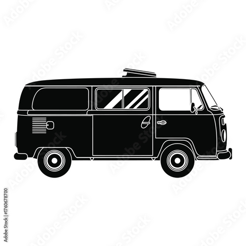 Vintage camper van silhouette black white