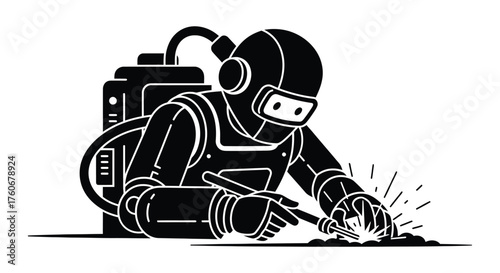 Welder working with sparks welding industrial