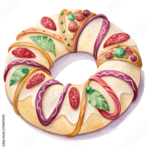 Stylized Watercolor Painting of Rosca de Reyes Ring, Isolated PNG