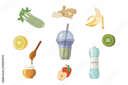 Vibrant vector art of a smoothie glass with fresh fruits and veggies. Ideal for healthy blogs, juice bars, organic brands. Ready for commercial use.