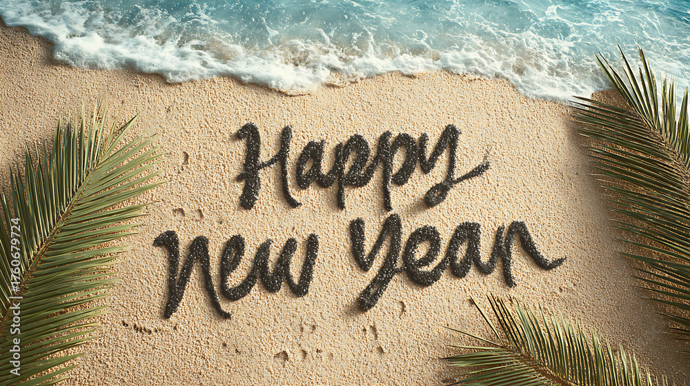Fototapeta premium beach text in happy new year ai genrative