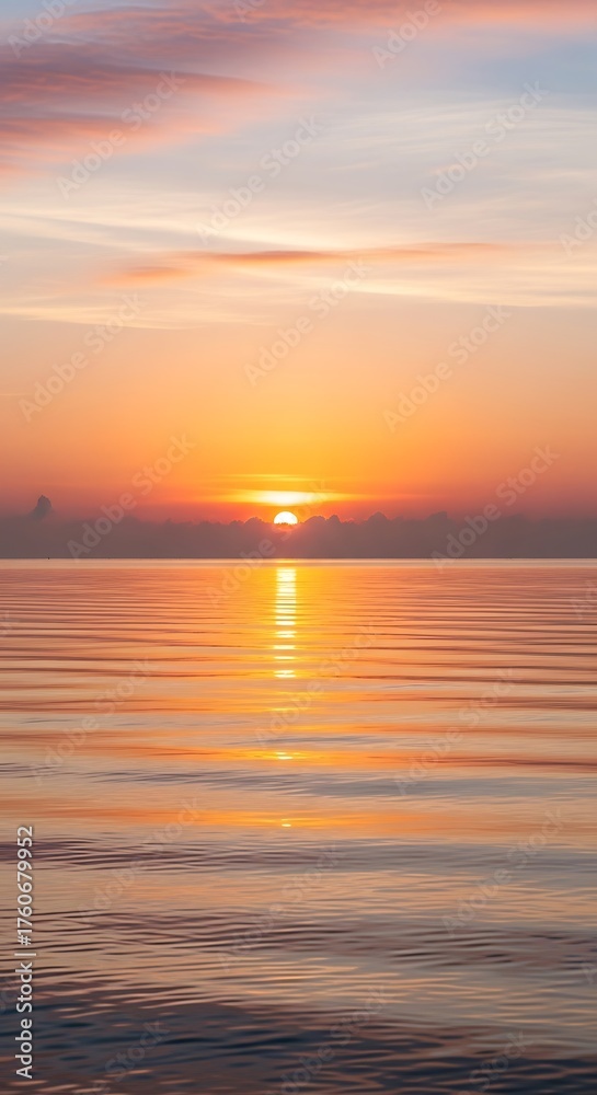 Obraz premium Serene Sunset Over Calm Ocean Waters Reflecting Golden Light.