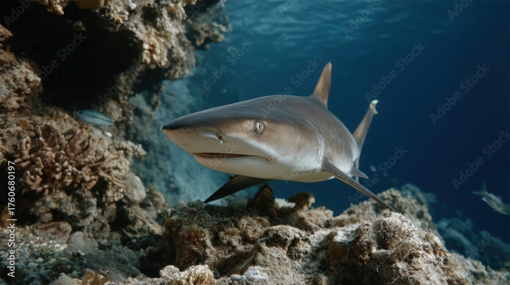 Fototapeta premium An oceanic whitetip shark calmly patrols a coral reef in clear blue water. A close-up view of the predator.