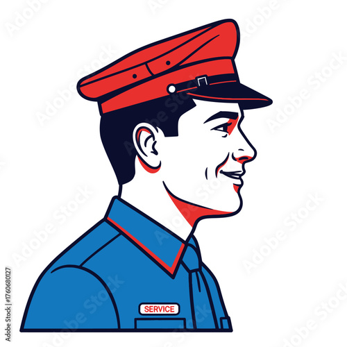 Smiling man wearing a red service hat and uniform.