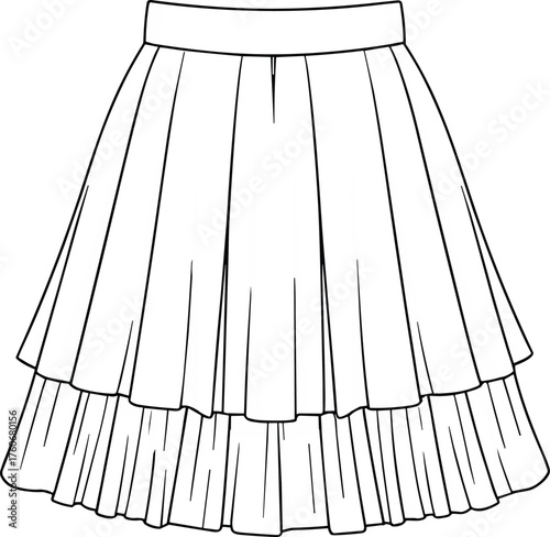 Tiered pleated skirt sketch, fitted waistband, layered silhouette, vertical pleats, flared design, technical fashion illustration for garment construction