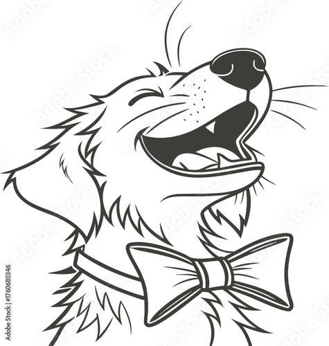 Happy dog laughing with bow tie isolated on white background