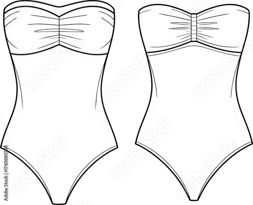Strapless swimsuit sketch, sweetheart neckline, ruched bust detail, high-cut leg, front view technical fashion illustration, one-piece garment design