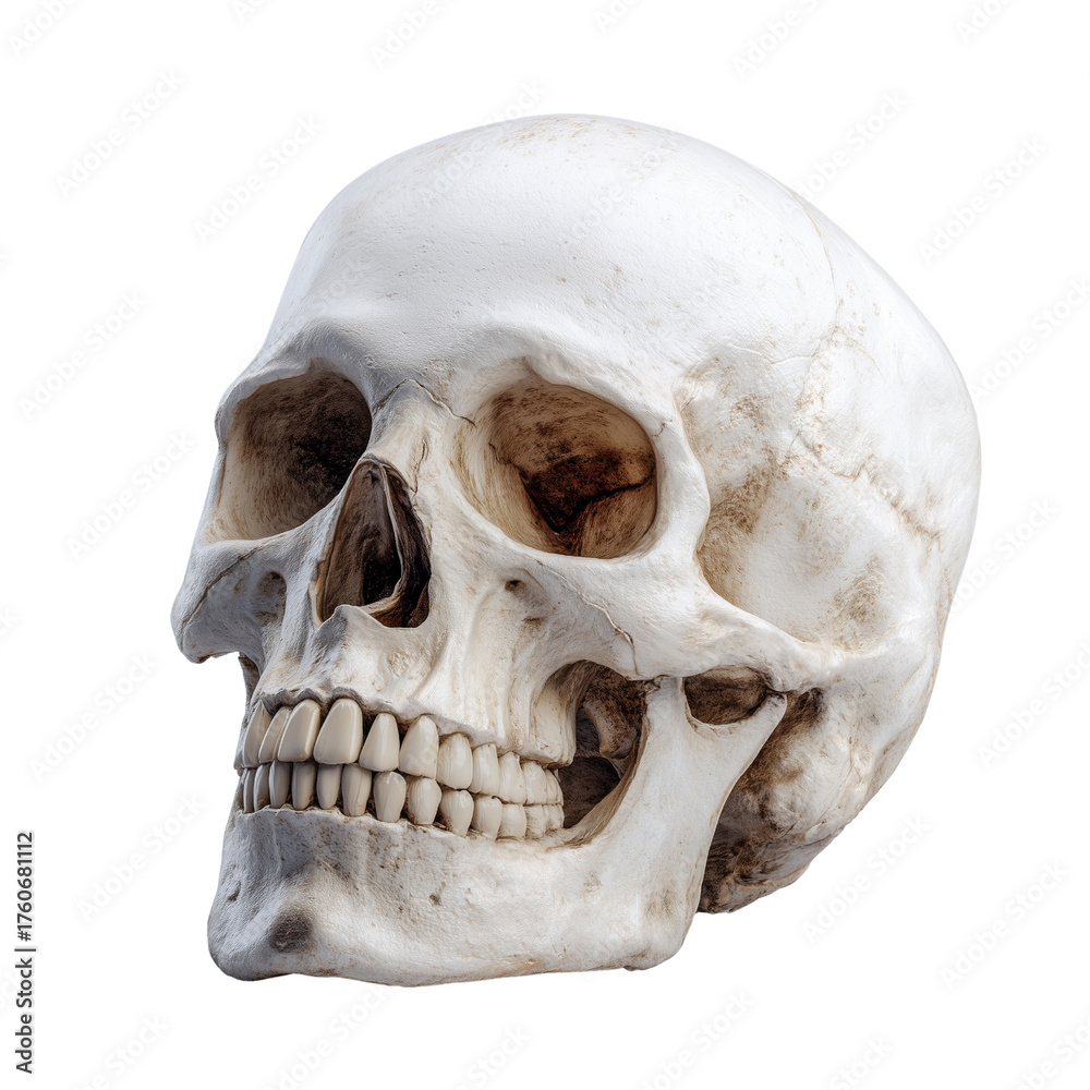 Naklejka premium Human Skull with Detailed Bone Texture isolated on a transparent background