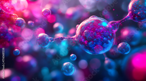 Colorful microscopic spherical cells floating in a vibrant abstract background during a scientific exploration of cellular biology