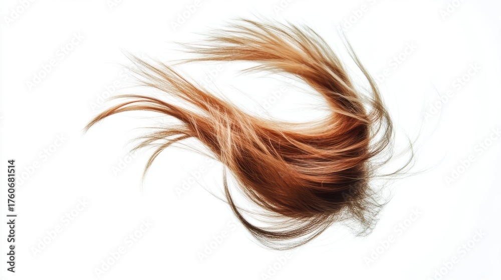Fototapeta premium Flowing strands of orange-brown hair gracefully suspended in the air against a soft white background, capturing beauty and movement in a dynamic fashion