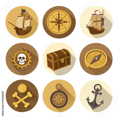 Pirate, Nautical, Navigation and Treasure Hunting Flat Icons Set