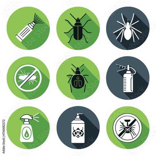 Pest Control, Insect Extermination and Repellent Flat Icons Set