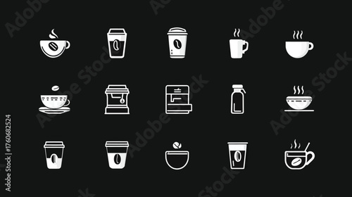 Coffee cup and drink icons collection on black background.