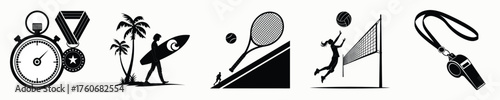 Collection of sports and leisure icons stopwatch surfer skier runner whistle
