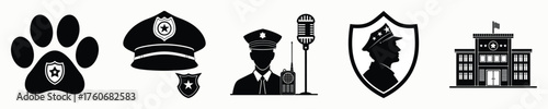 Set of icons paw print police cap officer shield and building