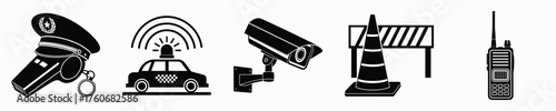 Security icons set police surveillance barrier communication radio