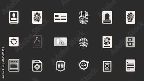 Collection of Identification and Security Icons on Dark Background.