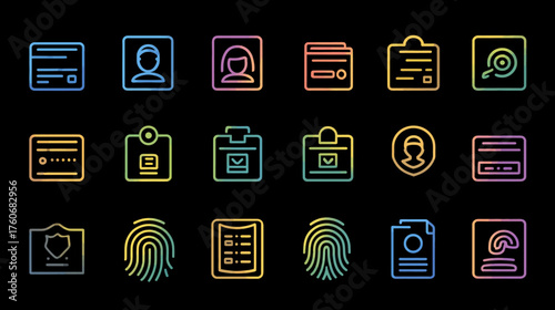 Collection of Identity and Security Icons in Neon Style.