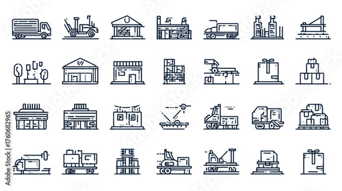 Collection of Industrial and Transportation Icons Representing Logistics and Delivery Services.
